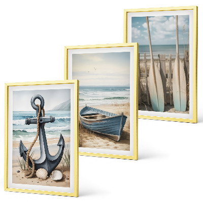 Bilder-3er-set mit rahmen Anker, Boot, Ruder, Strand