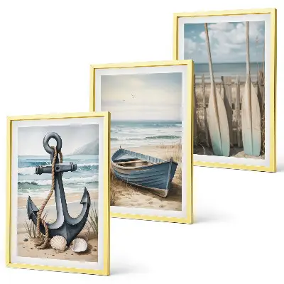 Bilder-3er-Set mit Rahmen mit Motiven von Anker, Boot, Ruder und Strand