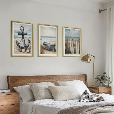 Bilder-3er-Set mit Rahmen mit Motiven von Anker, Boot, Ruder und Strand