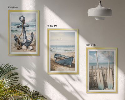Bilder-3er-set mit rahmen Anker, Boot, Ruder, Strand