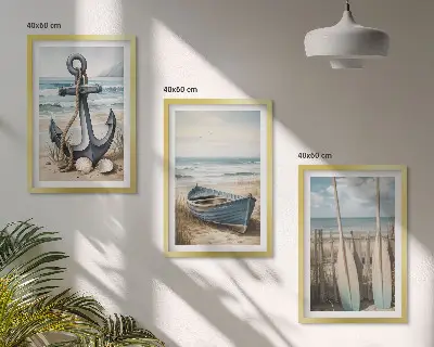 Bilder-3er-Set mit Rahmen mit Motiven von Anker, Boot, Ruder und Strand
