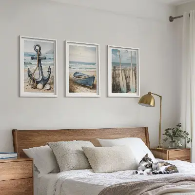 Bilder-3er-Set mit Rahmen mit Motiven von Anker, Boot, Ruder und Strand