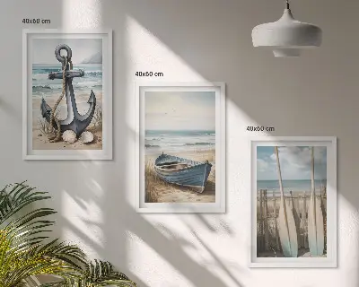 Bilder-3er-Set mit Rahmen mit Motiven von Anker, Boot, Ruder und Strand