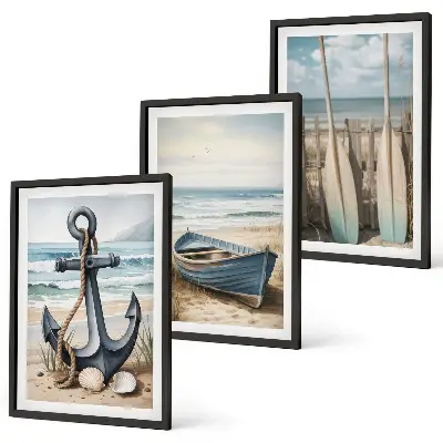 Bilder-3er-Set mit Rahmen mit Motiven von Anker, Boot, Ruder und Strand