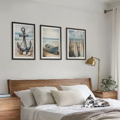 Bilder-3er-Set mit Rahmen mit Motiven von Anker, Boot, Ruder und Strand
