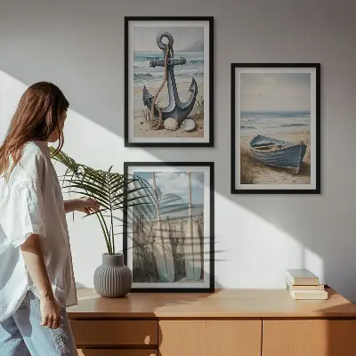 Bilder-3er-Set mit Rahmen mit Motiven von Anker, Boot, Ruder und Strand