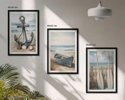 Bilder-3er-Set mit Rahmen mit Motiven von Anker, Boot, Ruder und Strand