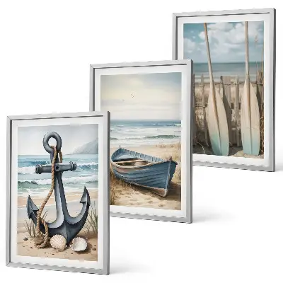 Bilder-3er-Set mit Rahmen mit Motiven von Anker, Boot, Ruder und Strand