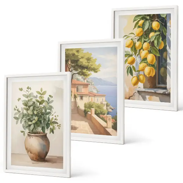 Blumen in einer Vase, ein Meer aus Zitronen 3er-Set Bilder mit Rahmen