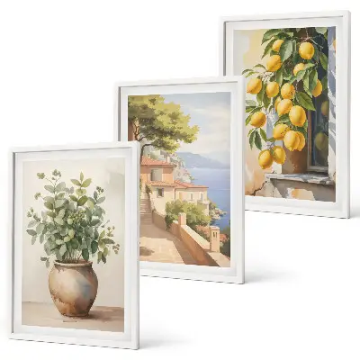 Blumen in einer Vase, ein Meer aus Zitronen 3er-Set Bilder mit Rahmen