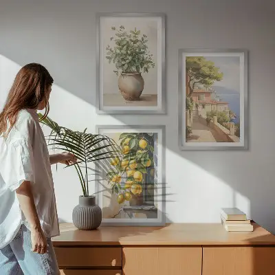 Blumen in einer Vase, ein Meer aus Zitronen 3er-Set Bilder mit Rahmen