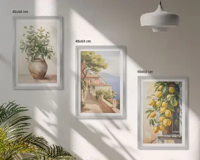 Blumen in einer Vase, ein Meer aus Zitronen 3er-Set Bilder mit Rahmen