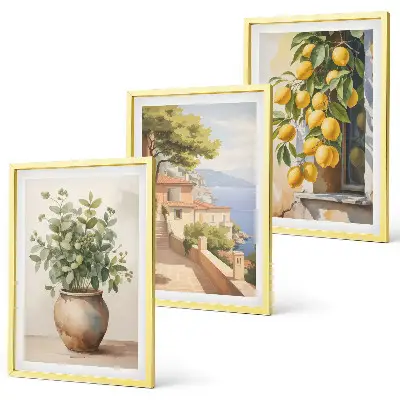 Blumen in einer Vase, ein Meer aus Zitronen 3er-Set Bilder mit Rahmen