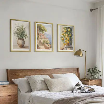Blumen in einer Vase, ein Meer aus Zitronen 3er-Set Bilder mit Rahmen