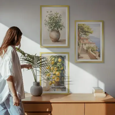 Blumen in einer Vase, ein Meer aus Zitronen 3er-Set Bilder mit Rahmen