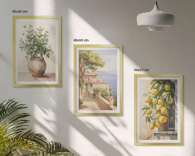 Blumen in einer Vase, ein Meer aus Zitronen 3er-Set Bilder mit Rahmen