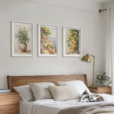 Blumen in einer Vase, ein Meer aus Zitronen 3er-Set Bilder mit Rahmen
