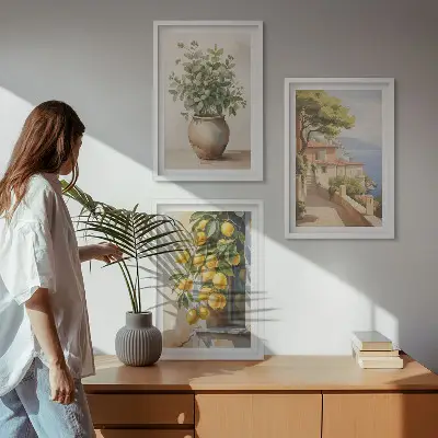 Blumen in einer Vase, ein Meer aus Zitronen 3er-Set Bilder mit Rahmen