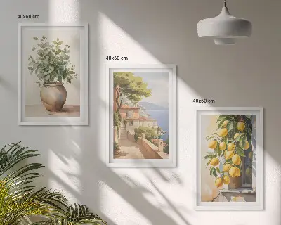 Blumen in einer Vase, ein Meer aus Zitronen 3er-Set Bilder mit Rahmen