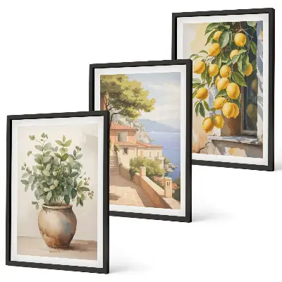 Blumen in einer Vase, ein Meer aus Zitronen 3er-Set Bilder mit Rahmen