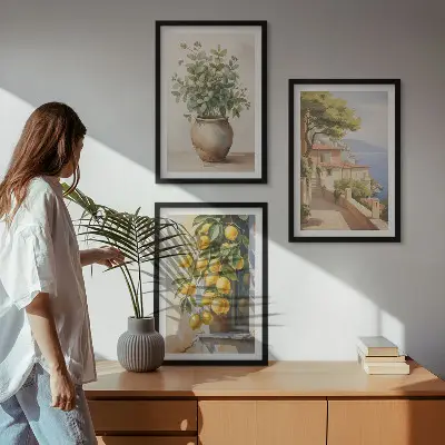 Blumen in einer Vase, ein Meer aus Zitronen 3er-Set Bilder mit Rahmen