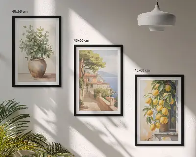 Blumen in einer Vase, ein Meer aus Zitronen 3er-Set Bilder mit Rahmen