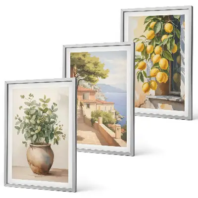 Blumen in einer Vase, ein Meer aus Zitronen 3er-Set Bilder mit Rahmen