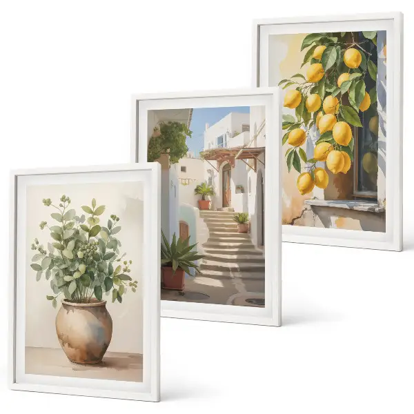 Bilder-3er-Set mit Rahmen Zitronenblumen im Topf und Straßenmotiv