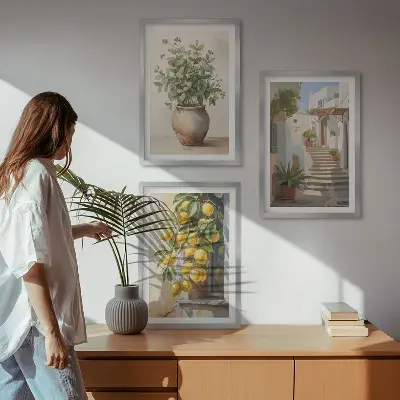Bilder-3er-Set mit Rahmen Zitronenblumen im Topf und Straßenmotiv