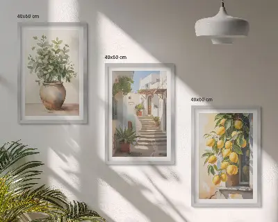 Bilder-3er-Set mit Rahmen Zitronenblumen im Topf und Straßenmotiv