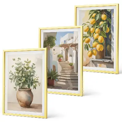 Bilder-3er-Set mit Rahmen Zitronenblumen im Topf und Straßenmotiv