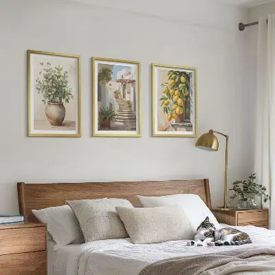 Bilder-3er-Set mit Rahmen Zitronenblumen im Topf und Straßenmotiv