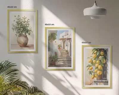 Bilder-3er-Set mit Rahmen Zitronenblumen im Topf und Straßenmotiv
