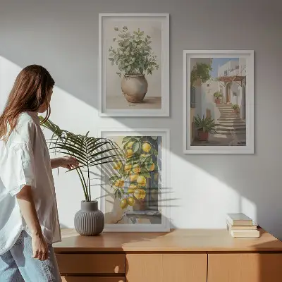 Bilder-3er-Set mit Rahmen Zitronenblumen im Topf und Straßenmotiv