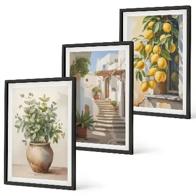 Bilder-3er-Set mit Rahmen Zitronenblumen im Topf und Straßenmotiv