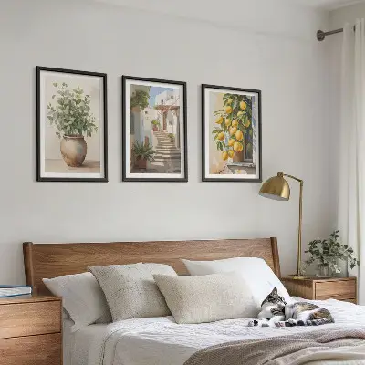 Bilder-3er-Set mit Rahmen Zitronenblumen im Topf und Straßenmotiv
