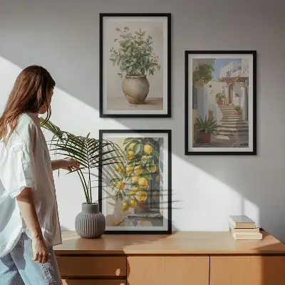 Bilder-3er-Set mit Rahmen Zitronenblumen im Topf und Straßenmotiv
