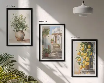 Bilder-3er-Set mit Rahmen Zitronenblumen im Topf und Straßenmotiv