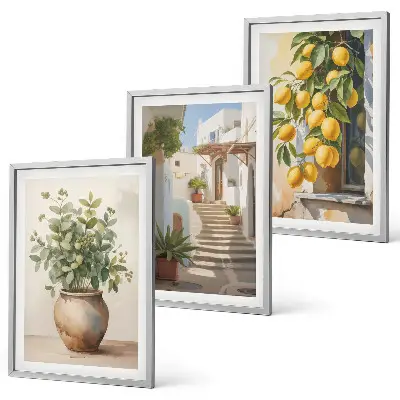 Bilder-3er-Set mit Rahmen Zitronenblumen im Topf und Straßenmotiv