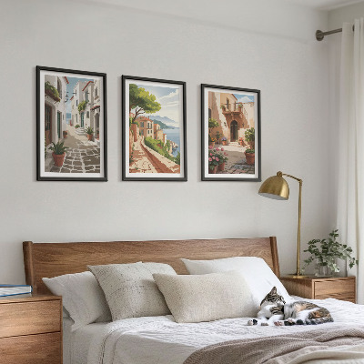 Gerahmtes bilderset Straßen, Häuser, Pflanzen, Töpfe
