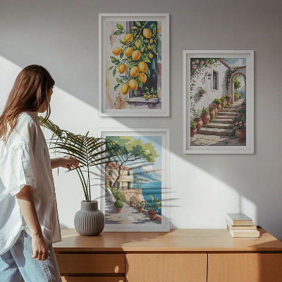 Gerahmtes bilderset Zitronen, Blumen, Meerblick
