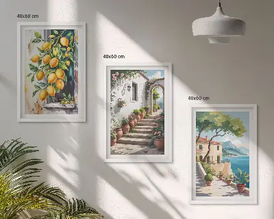 Gerahmtes Bilderset mit Zitronen, Blumen und Meerblick