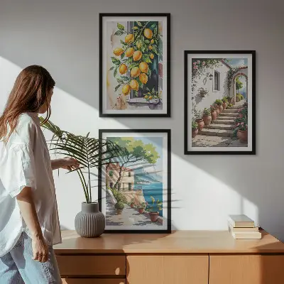 Gerahmtes Bilderset mit Zitronen, Blumen und Meerblick