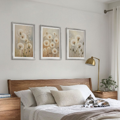 Bilder-3er-set mit rahmen Weiße Löwenzahnblüten auf hellem Hintergrund