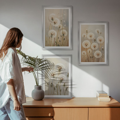 Bilder-3er-set mit rahmen Weiße Löwenzahnblüten auf hellem Hintergrund