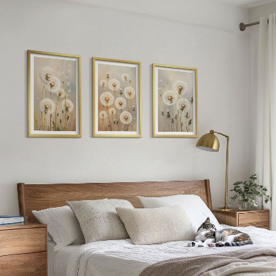 Bilder-3er-set mit rahmen Weiße Löwenzahnblüten auf hellem Hintergrund