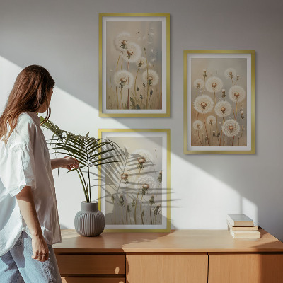 Bilder-3er-set mit rahmen Weiße Löwenzahnblüten auf hellem Hintergrund