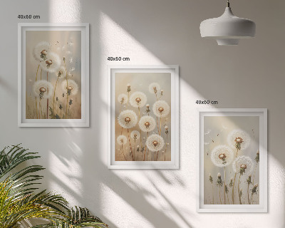 Bilder-3er-set mit rahmen Weiße Löwenzahnblüten auf hellem Hintergrund