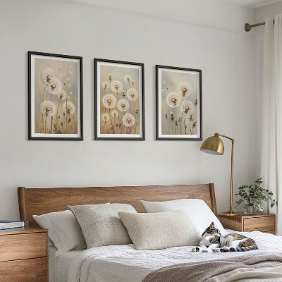 Bilder-3er-set mit rahmen Weiße Löwenzahnblüten auf hellem Hintergrund