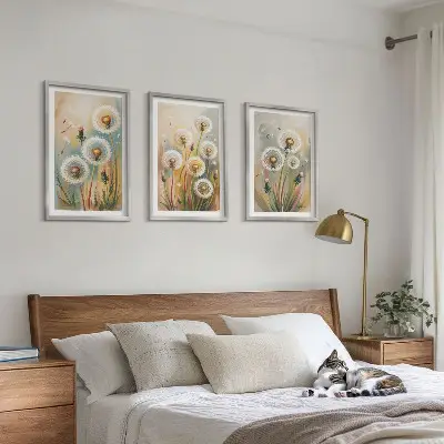 3er-Set Wandbilder mit Rahmen Löwenzahnblüten mit pastellfarbenen Gräsern